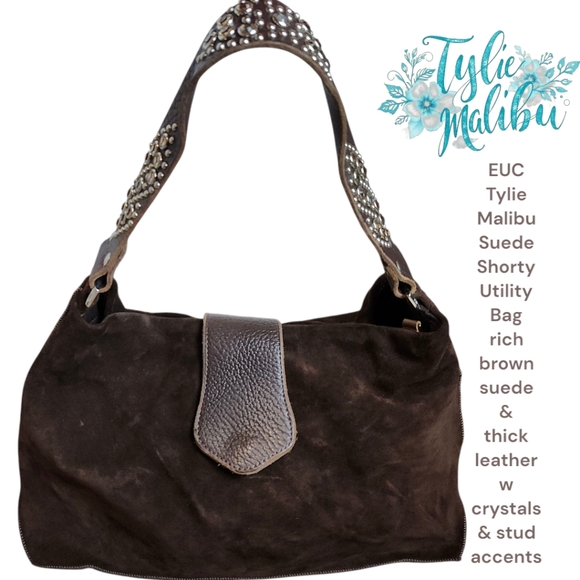 Tylie Malibu Suede Shorty Utility Bag Brown leather Studs Crystal Hobo Bag EUC - Picture 1 of 17